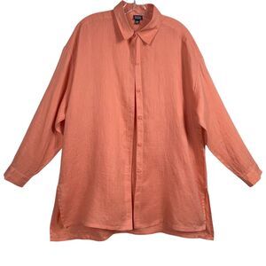 EILEEN FISHER Irish Linen Oversized Button Front Shirt Medium Peach Coral